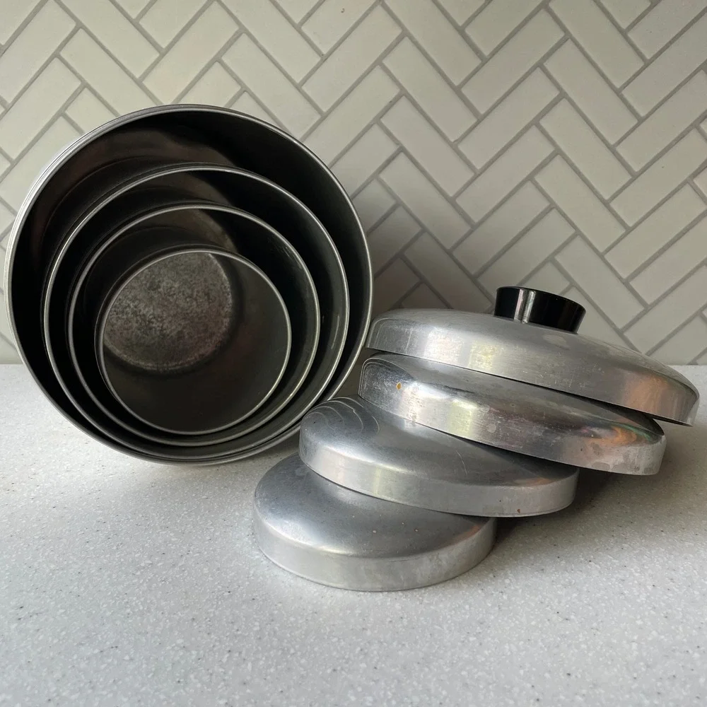 1950s Vintage Spun Aluminum Kitchen Canister Set of 4 Nesting Art Deco MCM